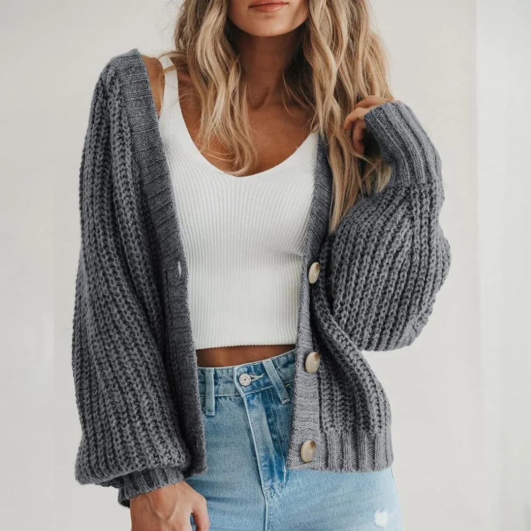 Women's charcoal chunky knit cardigan with balloon sleeves