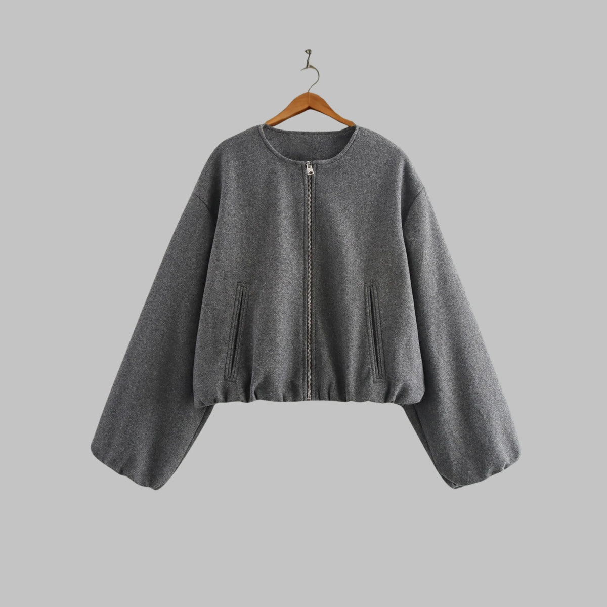 Women's gray cropped zip jacket with round neckline