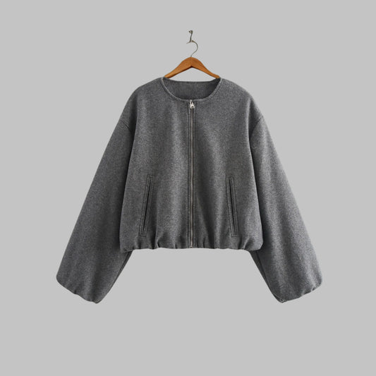 Women's gray cropped zip jacket with round neckline