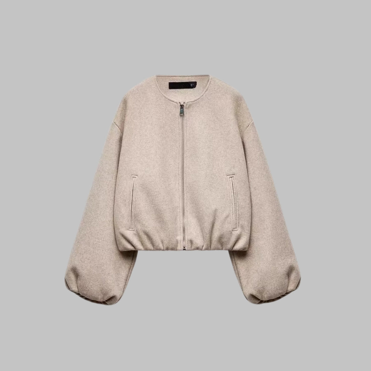 Women's beige cropped jacket, elasticated hem detail
