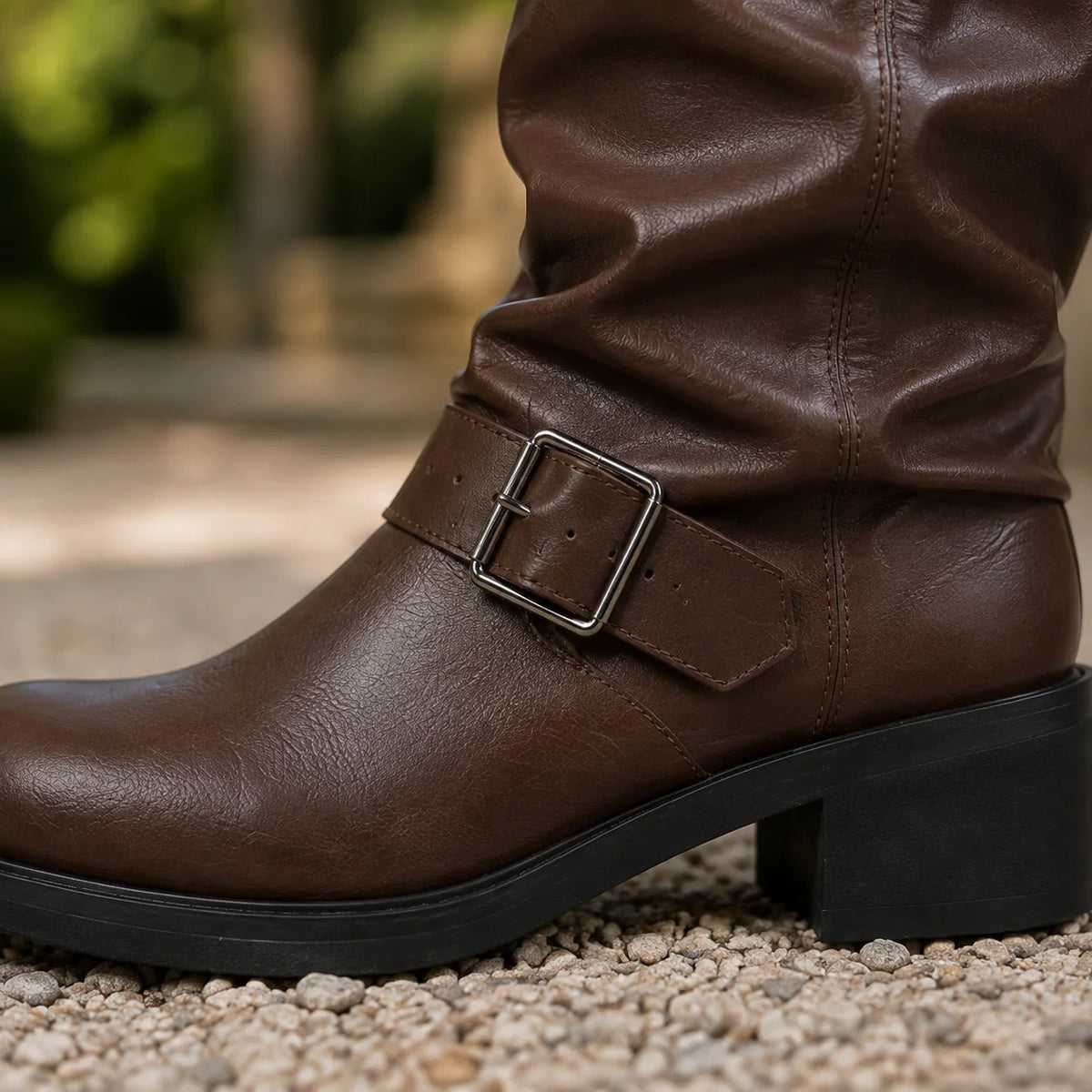 Women's black slouch boots, close-up of buckle strap