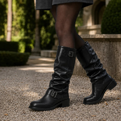 Women's brown knee-high boots, slouched shaft detail