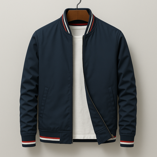 Navy Blue Oversized Zip-Up Bomber Jacket with Set-In Pockets