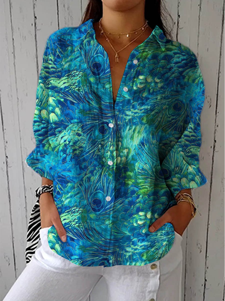 Women's multicolor peacock print V-neck blouse with long sleeves