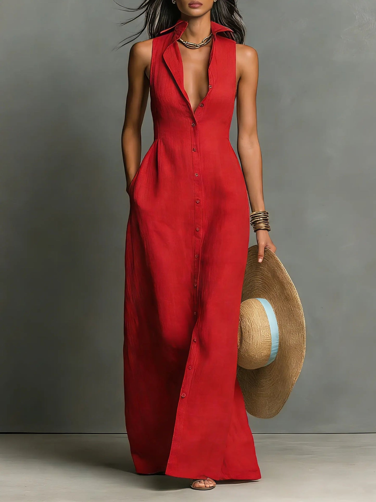 Women's red sleeveless collared linen maxi dress