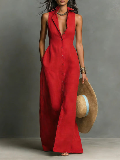 Women's red sleeveless collared linen maxi dress