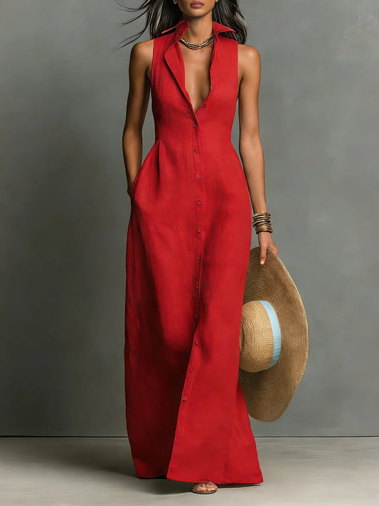 Women's red sleeveless collared linen maxi dress