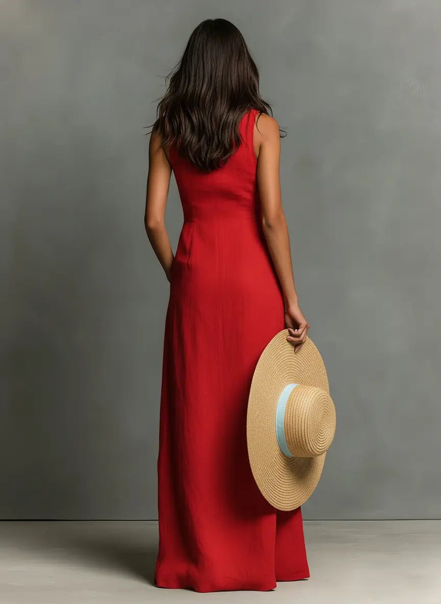 Women's red sleeveless collared linen maxi dress