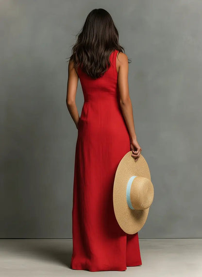 Women's red sleeveless collared linen maxi dress