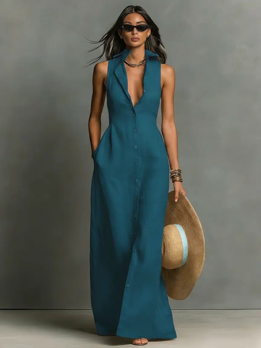 Women's red sleeveless collared linen maxi dress