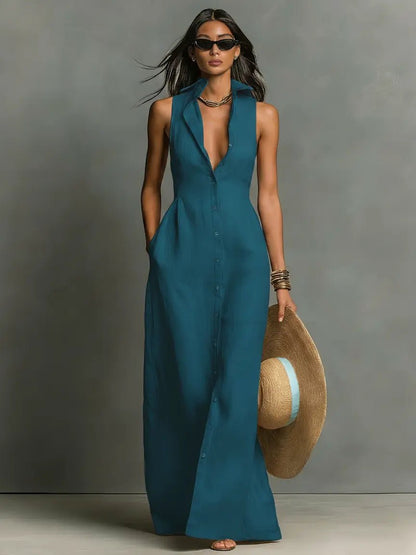 Women's red sleeveless collared linen maxi dress