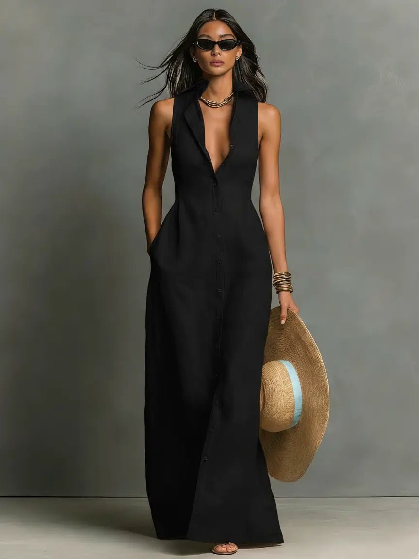 Women's red sleeveless collared linen maxi dress