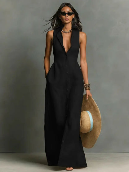 Women's red sleeveless collared linen maxi dress