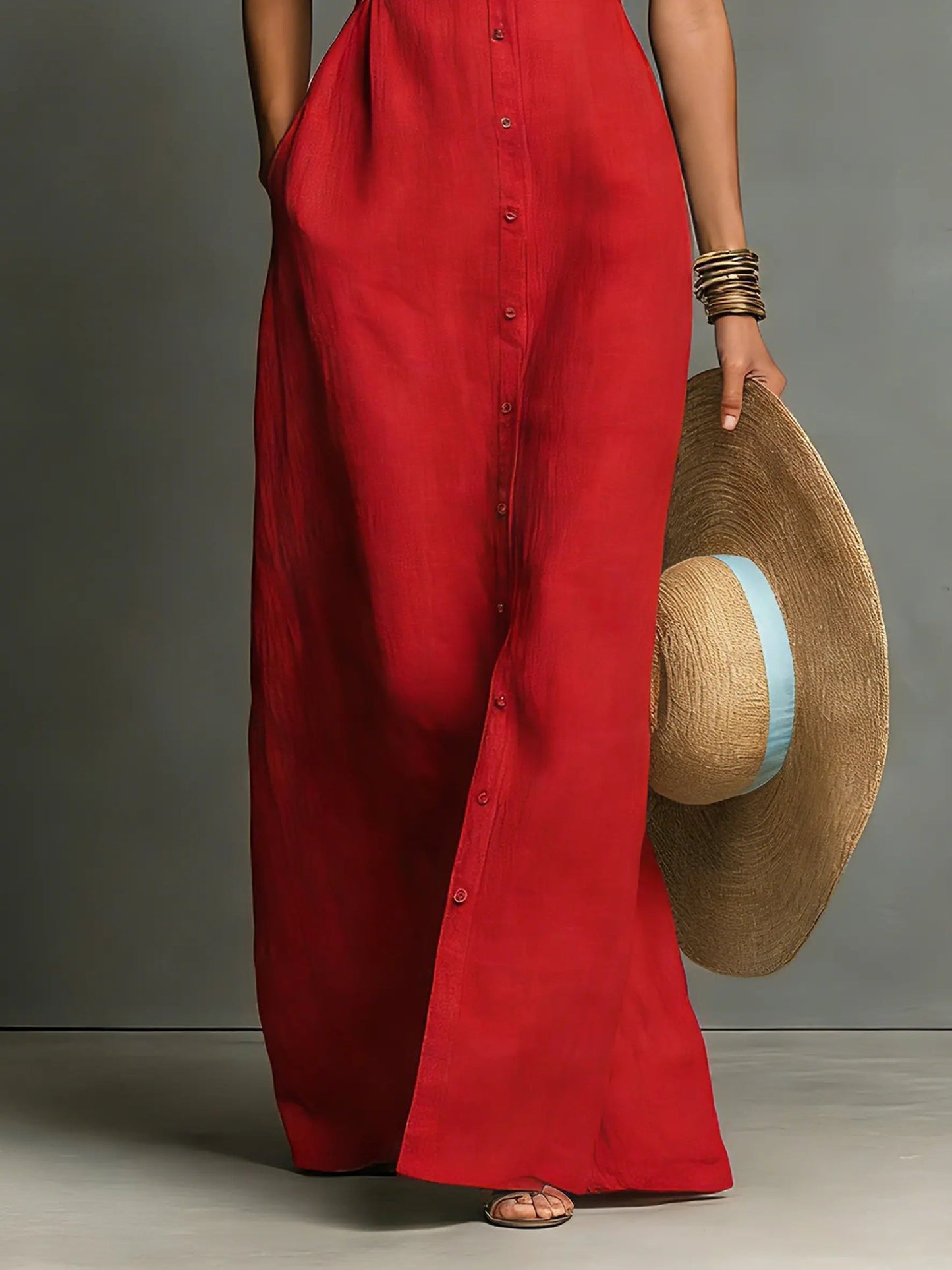 Women's red sleeveless collared linen maxi dress