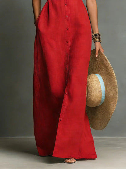 Women's red sleeveless collared linen maxi dress
