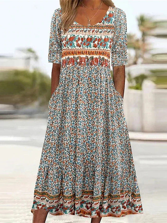 Penny | Midi Dress Boho Printed Square Neck 0