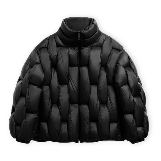 Classic black oversized puffer jacket with 3D hexagon pattern