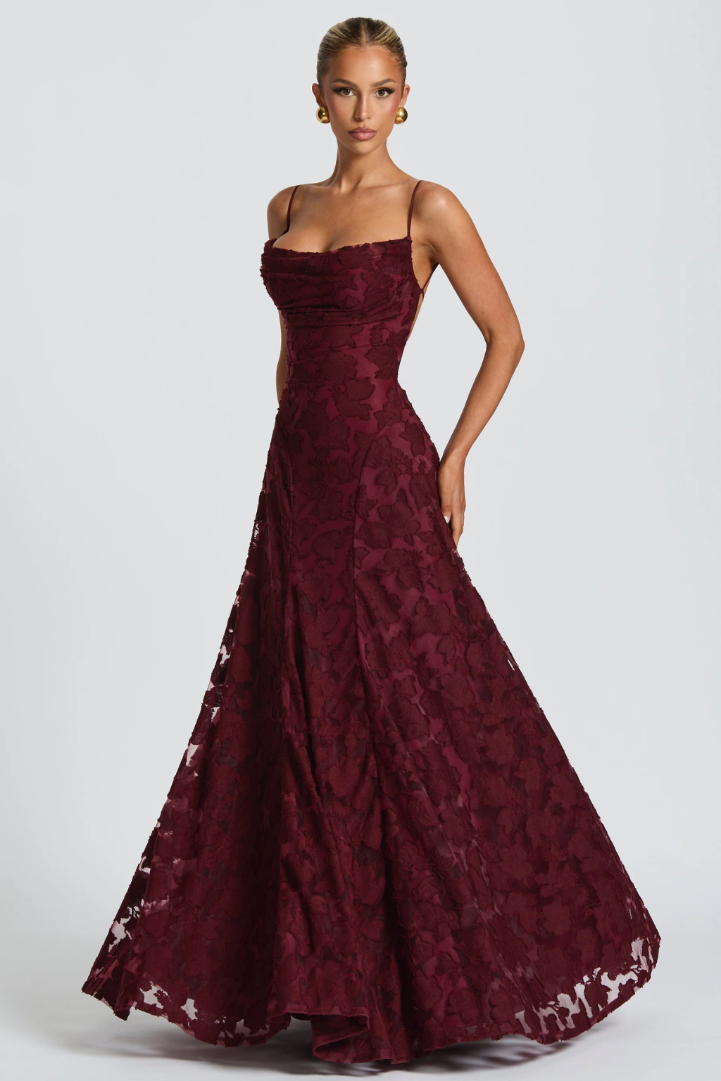 Women's burgundy floral brocade cami strap wedding guest maxi dress