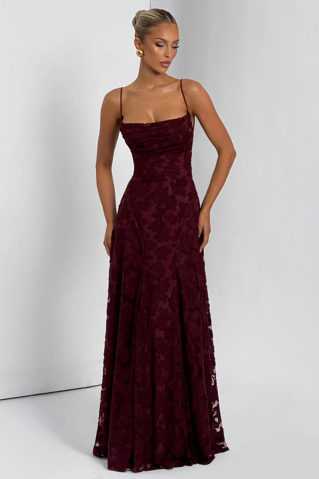 Women's white floral brocade cami strap wedding guest maxi dress
