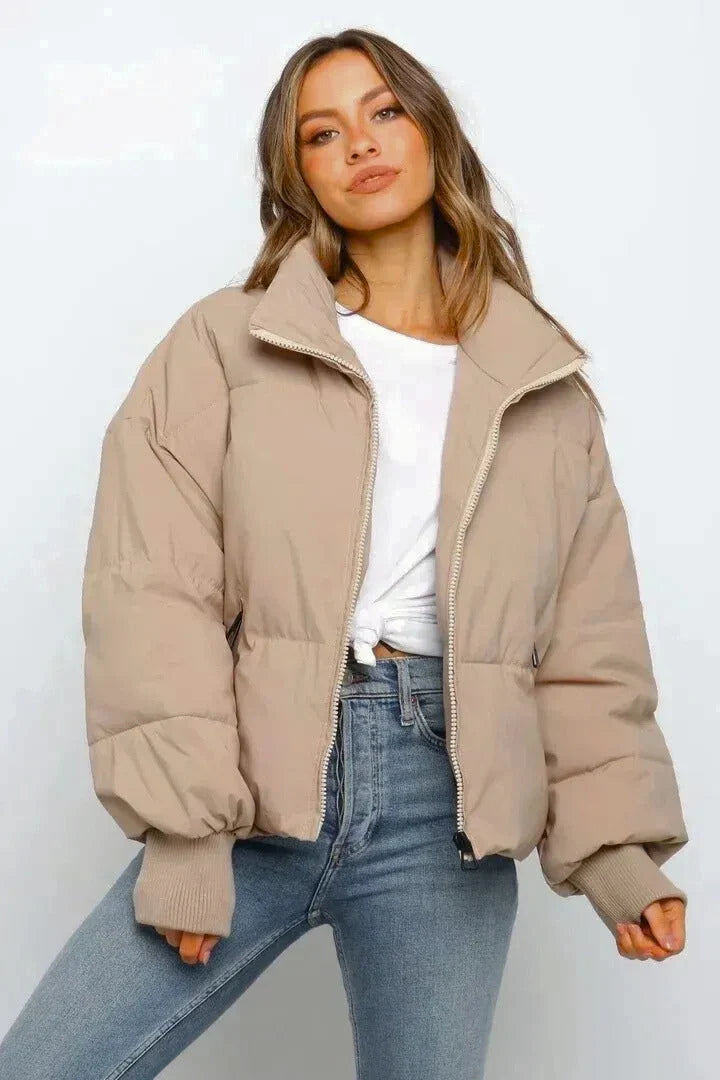 Women's taupe cropped puffer jacket with stand collar