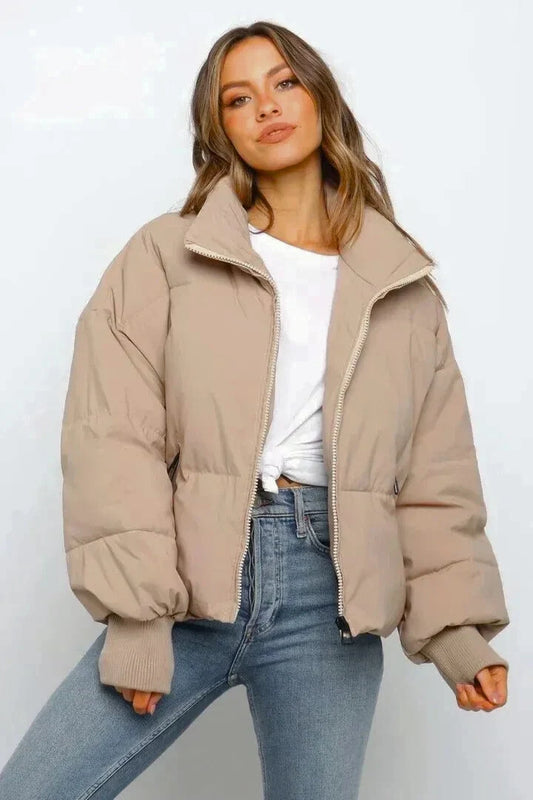 Women's taupe cropped puffer jacket with stand collar