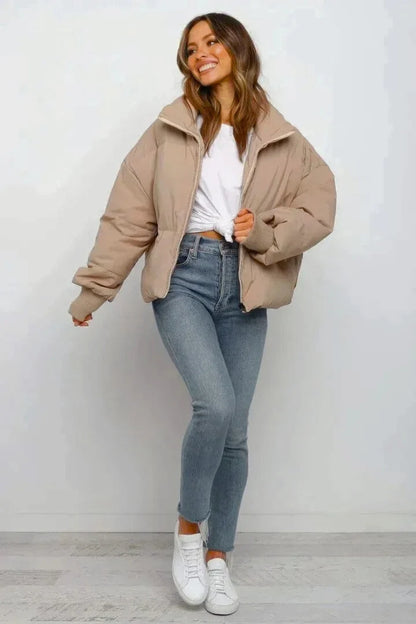 Women's cropped puffer jacket with stand collar