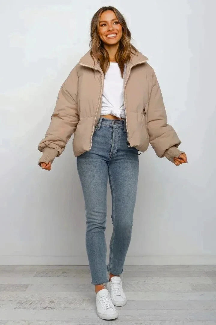 Women's cropped puffer jacket with stand collar