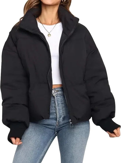 Women's black cropped puffer jacket with stand collar