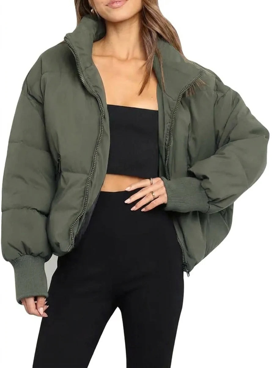 Women's olive green cropped puffer jacket with stand collar