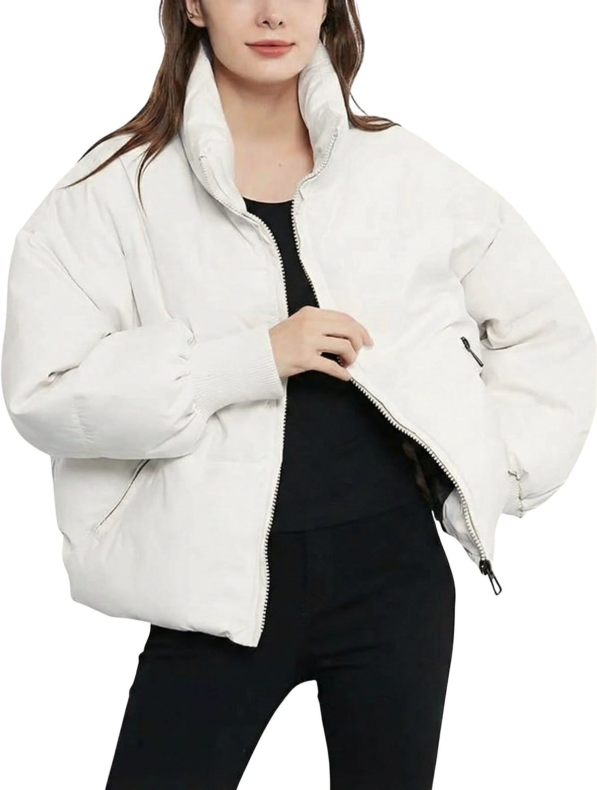 Women's ivory cropped puffer jacket with stand collar