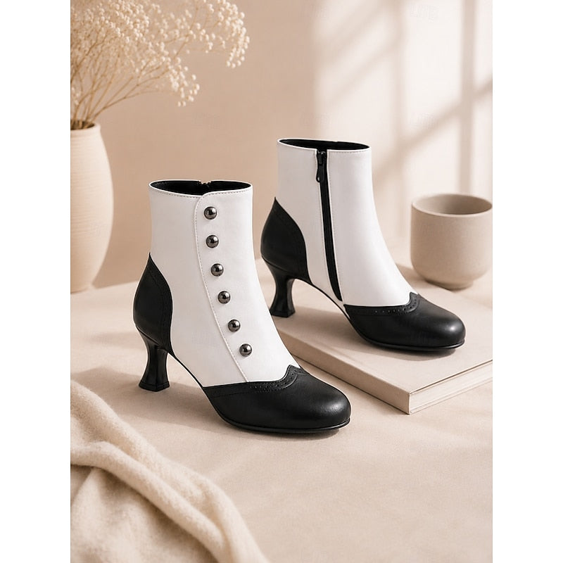 Black / White Vintage Buttoned Ankle Boots with Round Toe