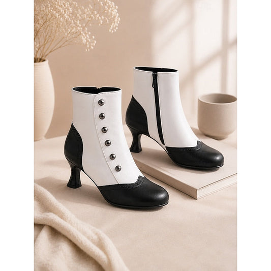 Black / White Vintage Buttoned Ankle Boots with Round Toe
