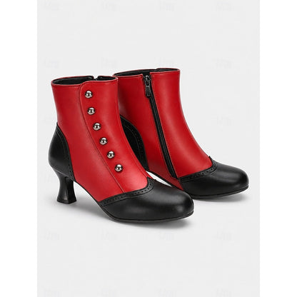 Black / Red Vintage Buttoned Ankle Boots with Round Toe