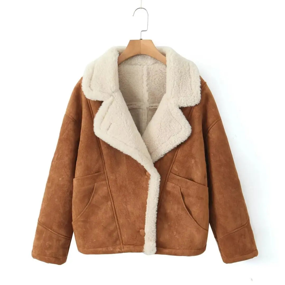 Caramel Notch-Lapel Oversized Winter Coat with Button-Through Front