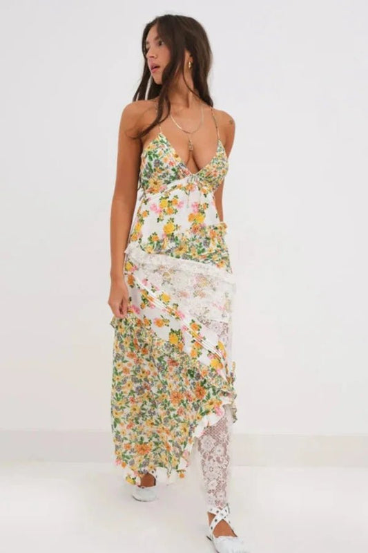Rachel | Maxi Dress Ruffle Plunging Neckline Floral 0