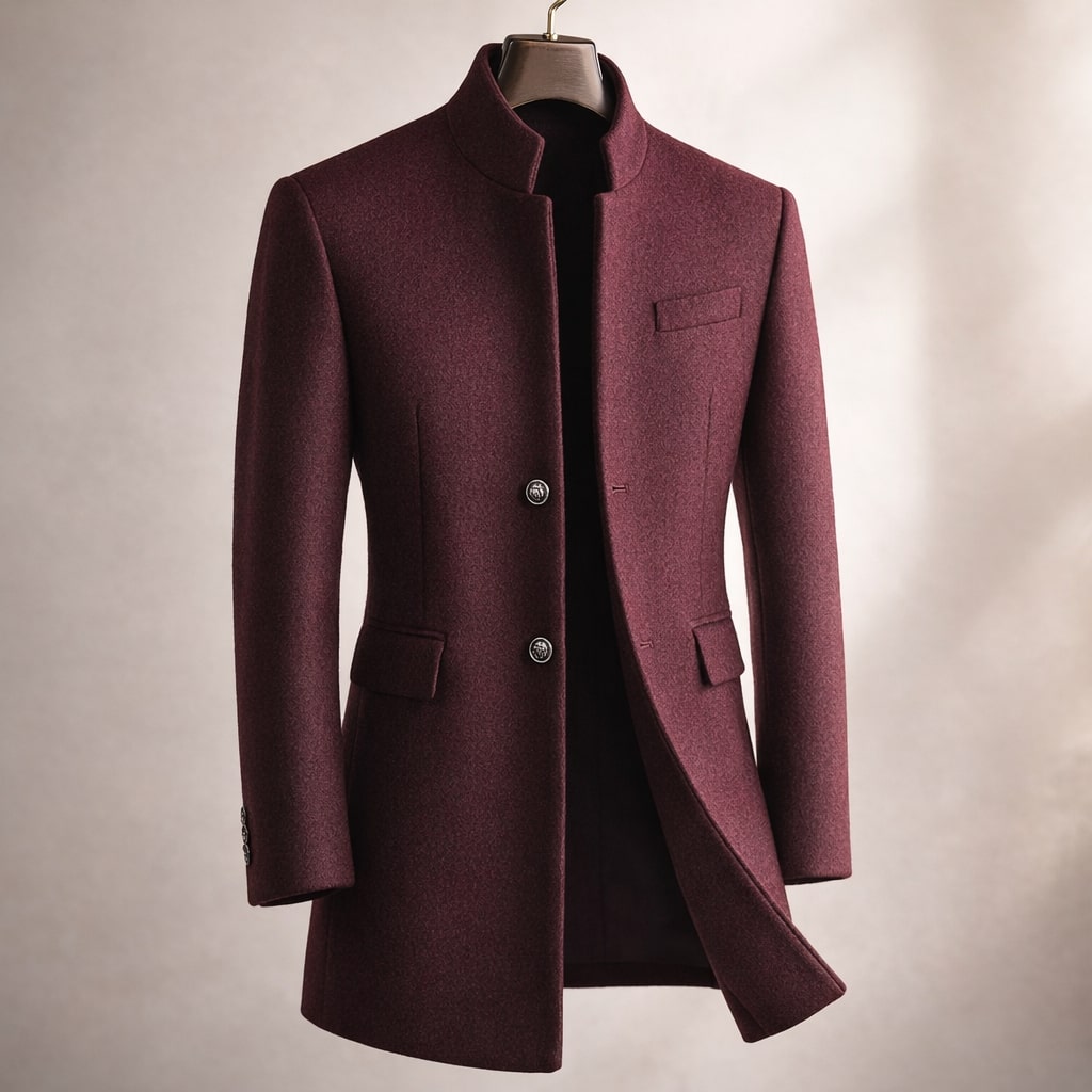Red Wine Notch-Lapel High-Neck Longline Winter Coat with Button Front