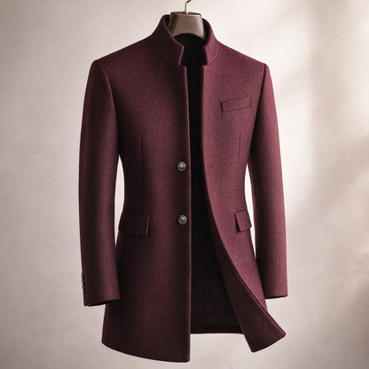 Red Wine Notch-Lapel High-Neck Longline Winter Coat with Button Front