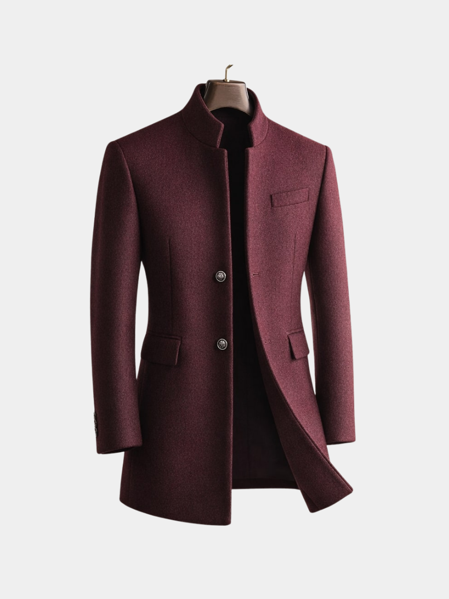 Notch-Lapel High-Neck Longline Winter Coat with Button Front