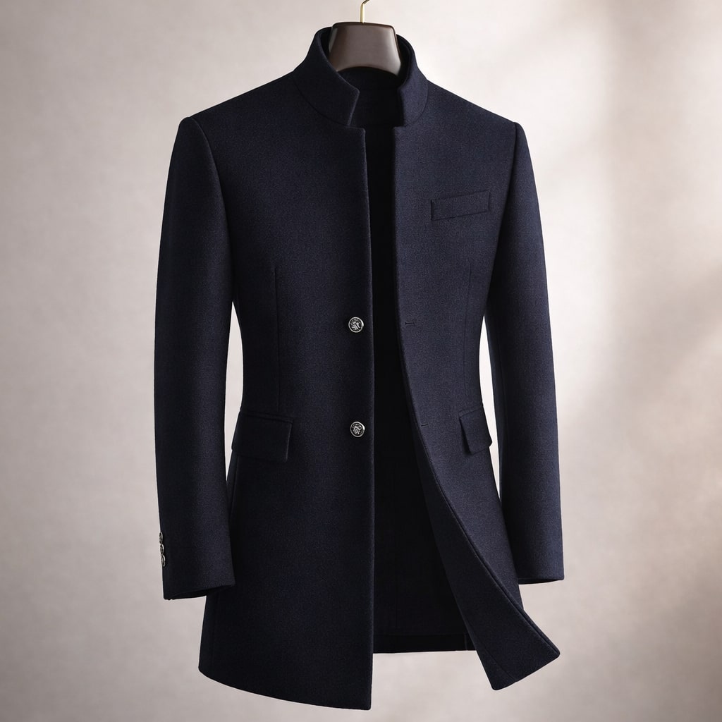 Navy Blue Notch-Lapel High-Neck Longline Winter Coat with Button Front