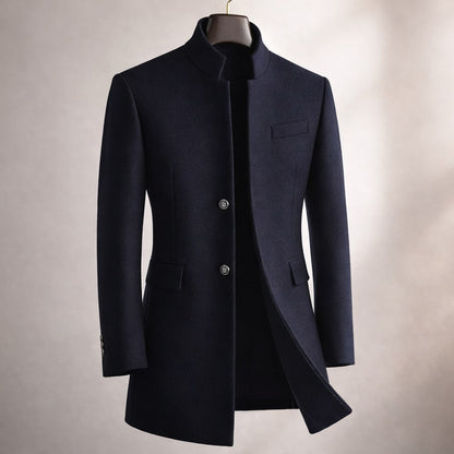 Navy Blue Notch-Lapel High-Neck Longline Winter Coat with Button Front