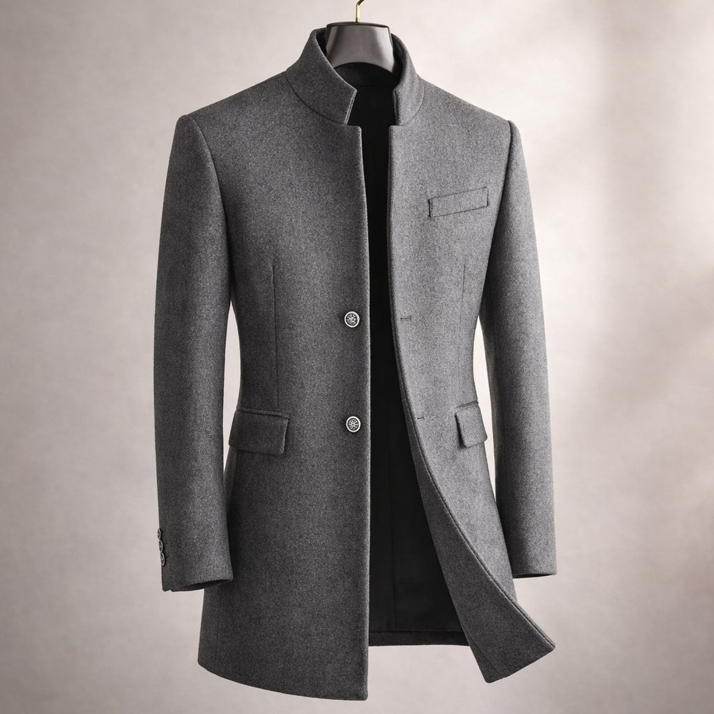 Gray Notch-Lapel High-Neck Longline Winter Coat with Button Front