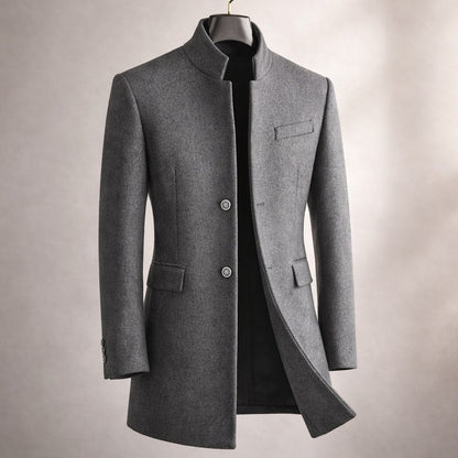 Gray Notch-Lapel High-Neck Longline Winter Coat with Button Front