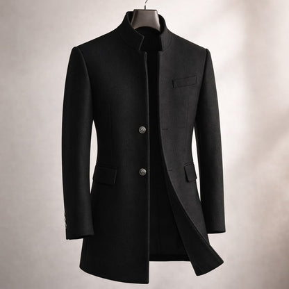 Black Notch-Lapel High-Neck Longline Winter Coat with Button Front