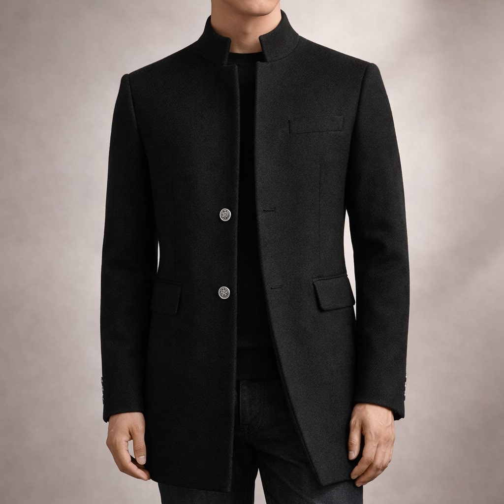 Notch-Lapel High-Neck Longline Winter Coat with Button Front – view 2