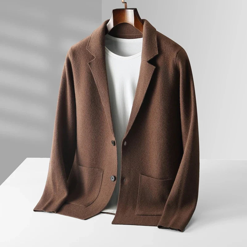 Men's brown knit cardigan with button front and pockets