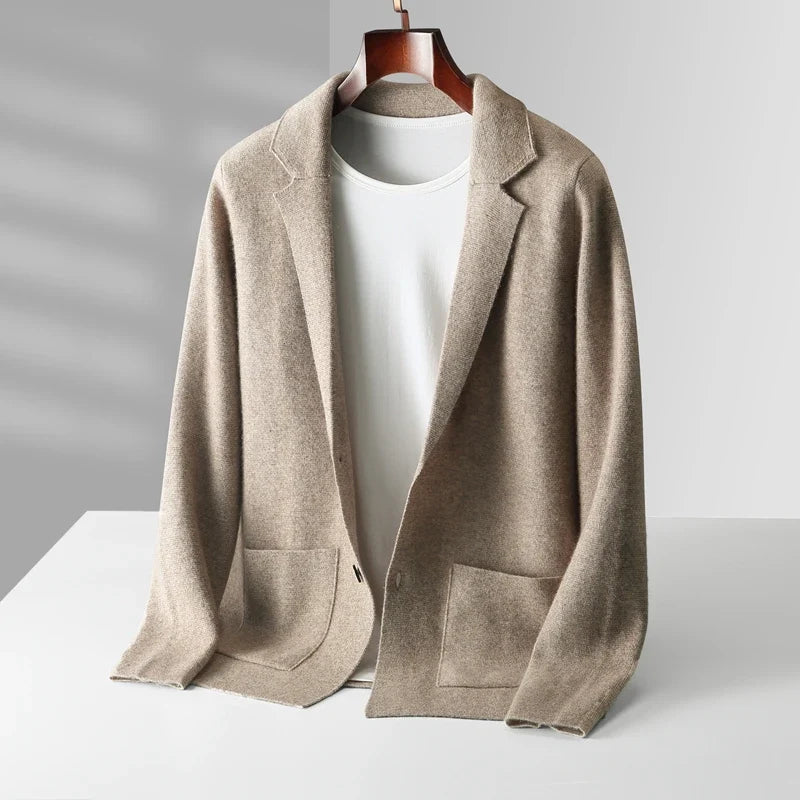 Men's camel knit cardigan with button front and pockets