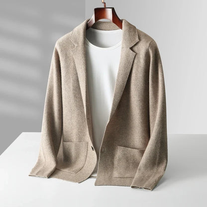 Men's camel knit cardigan with button front and pockets