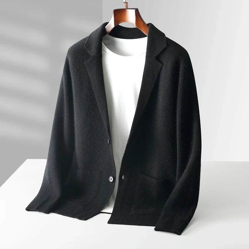 Men's classic black knit cardigan with button front and pockets