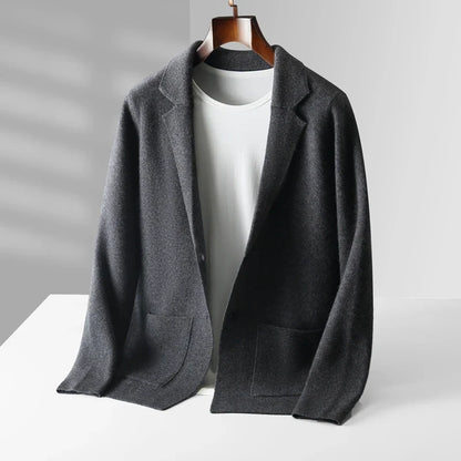 Men's dark gray knit cardigan with button front and pockets