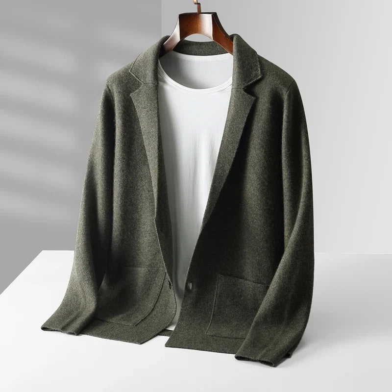 Men's army green knit cardigan with button front and pockets